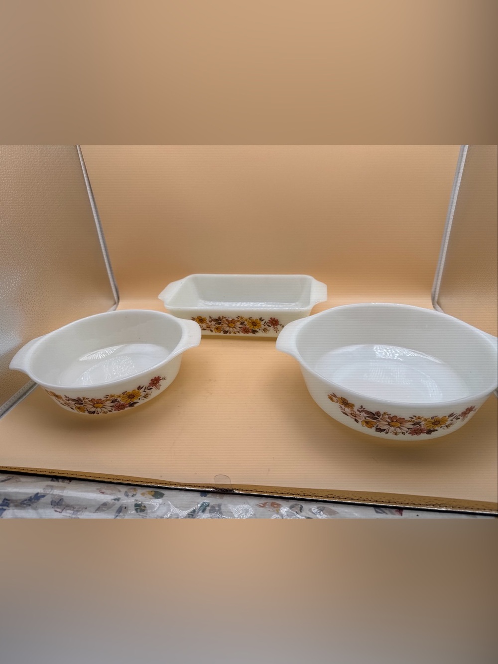 Vintage AnchorFloral Milk Glass Bakeware Set - White with Yellow & Brown Flowers